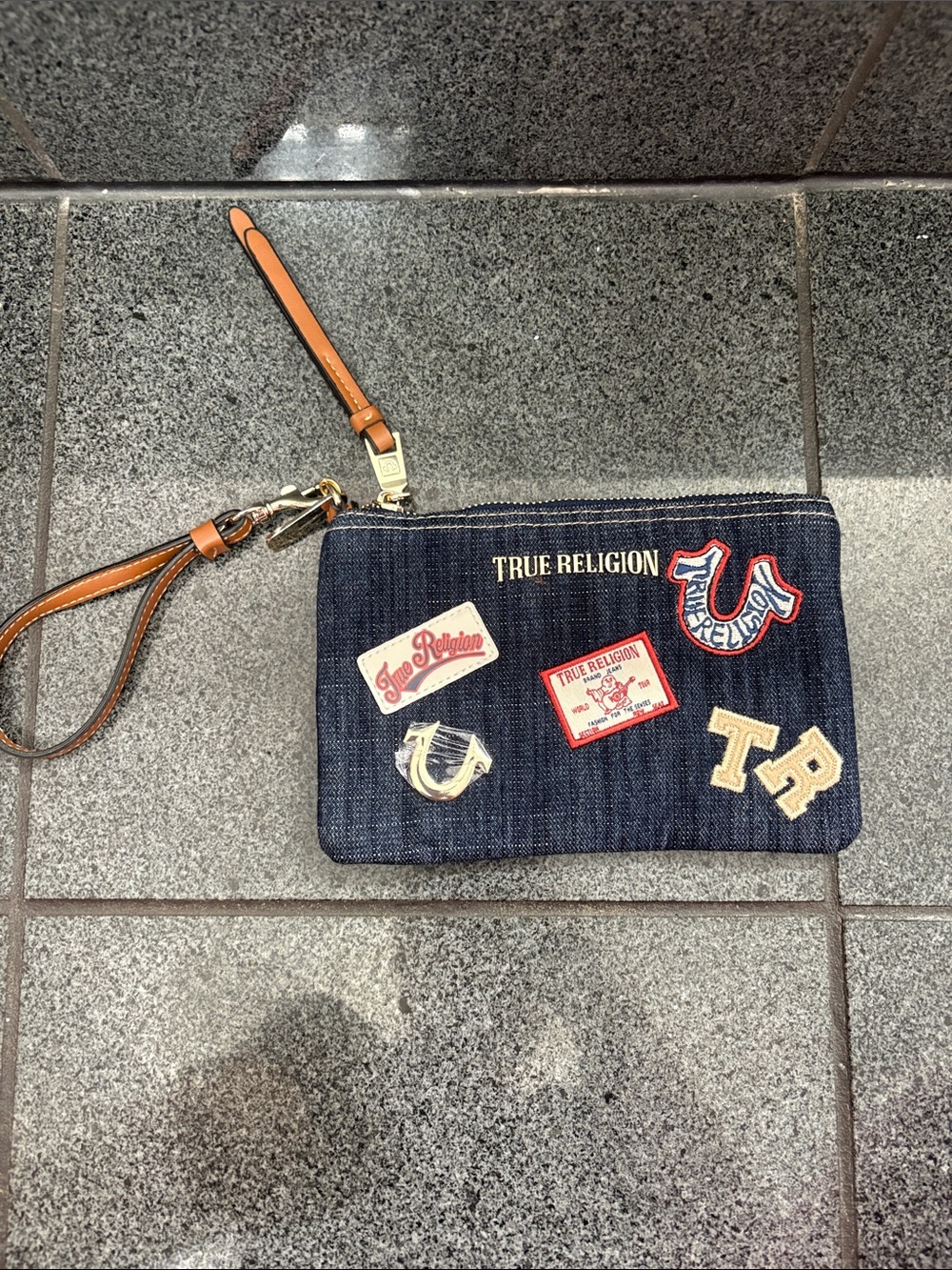 True Religion Navy Denim Patch Wristlet with Tan Strap